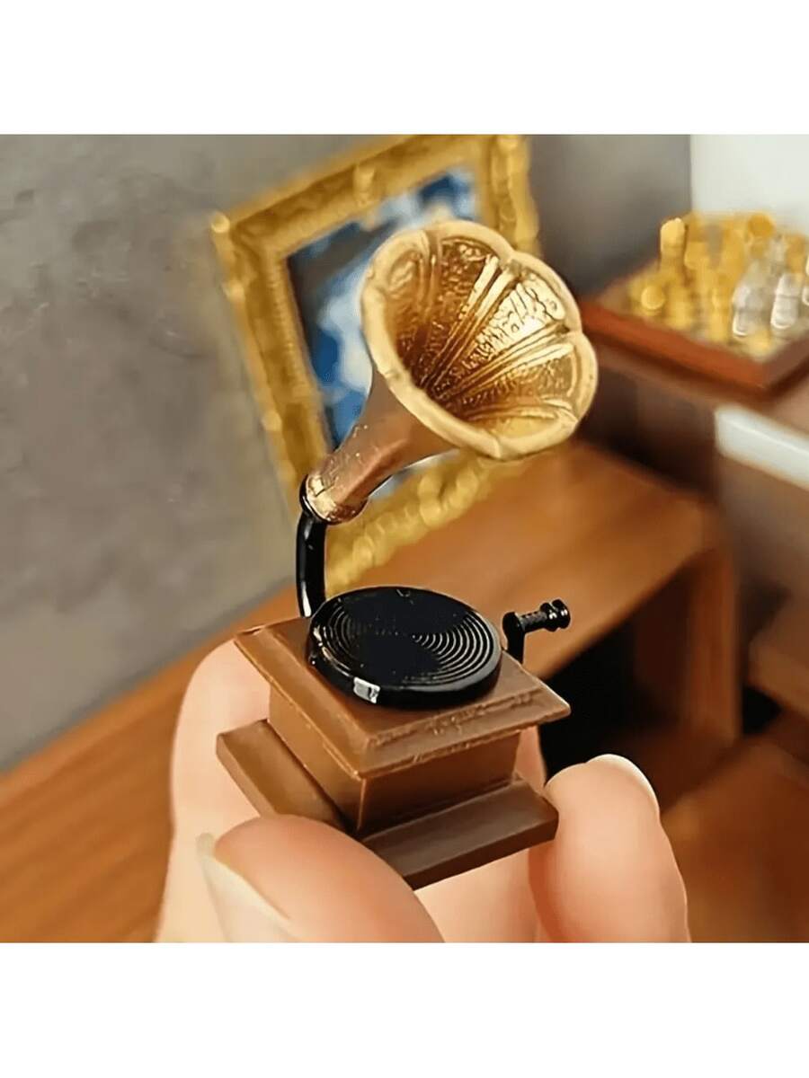 Vintage Mini Gramophone Model - 1:6 1:12 Scale Miniature Game Scene Decor - Dollhouse Accessories, Durable Handcraft, Suitable For DIY Miniature Landscape Decor, Music Accessories, Mini Instrument, Fairy Garden Decoration - 留聲機 - 查看 1