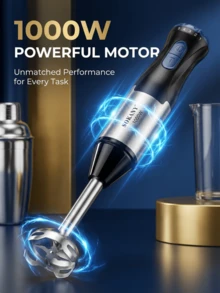 SOKANY 厨房用品，搅拌机，手持搅拌机，1000W 四合一手持搅拌机套装，包括多功能搅拌棒、打蛋器、切碎器和量杯，适用于食品加工和婴儿辅食搅拌 - 銀色 - 查看 5