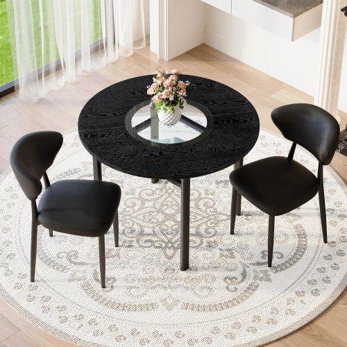 Conjunto de mesa redonda minimalista (com 2 cadeiras com braços em material PU preto e encosto curvo confortável), mesa redonda com 100 cm de diâmetro com aparência de madeira preta, adequada para sala de estar, etc. - Preto - Ver 1