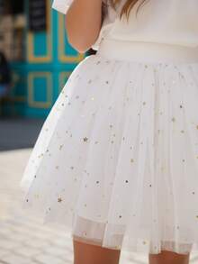 Young Girl Girls' Summer Sequin Multi-Layer Mesh Elastic Waist Shorts Lining Patchwork Fashionable Minimalist Dance Sports Skirt - White - View 6