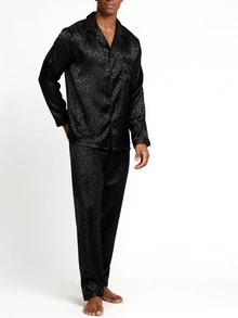 Snug League 两件套男士睡衣秋冬季长袖上衣和裤子丝绸缎豹纹睡衣家居服套装，秋季衣服 - 黑色 - 查看 4