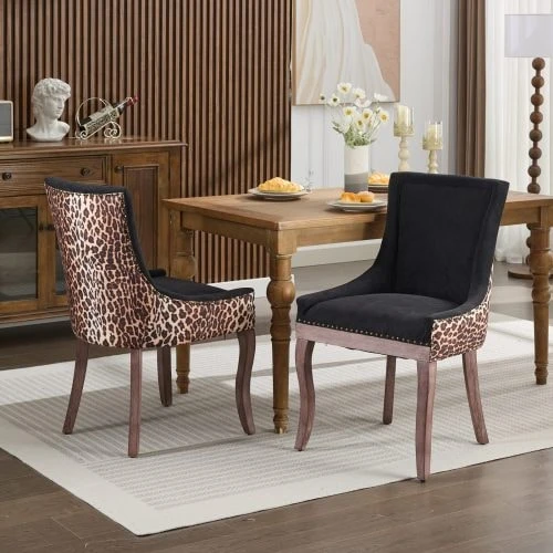 A&A Furniture Ultra Side Dining Chair, Heavyweight Fabric Upholstery, Neutral-Toned Solid Wood Legs, Bronze Rivets, Set Of Two, Leopard Print, DE1807LP - Black - View 1