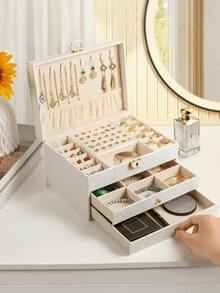 [Delivery Within 2-7 Days In The United States]Large Capacity Jewelry Storage Box, Portable Jewelry Storage Box, Dressing Table With Drawer Jewelry Storage Box, Gift Leather Jewelry Box, Exquisite Display Packaging Storage Container Back To School Dormitory Storage,Gift For Girls And Men,White PU Leather Outside Soft Velvet Lining Inside - 彩色 - 查看 5