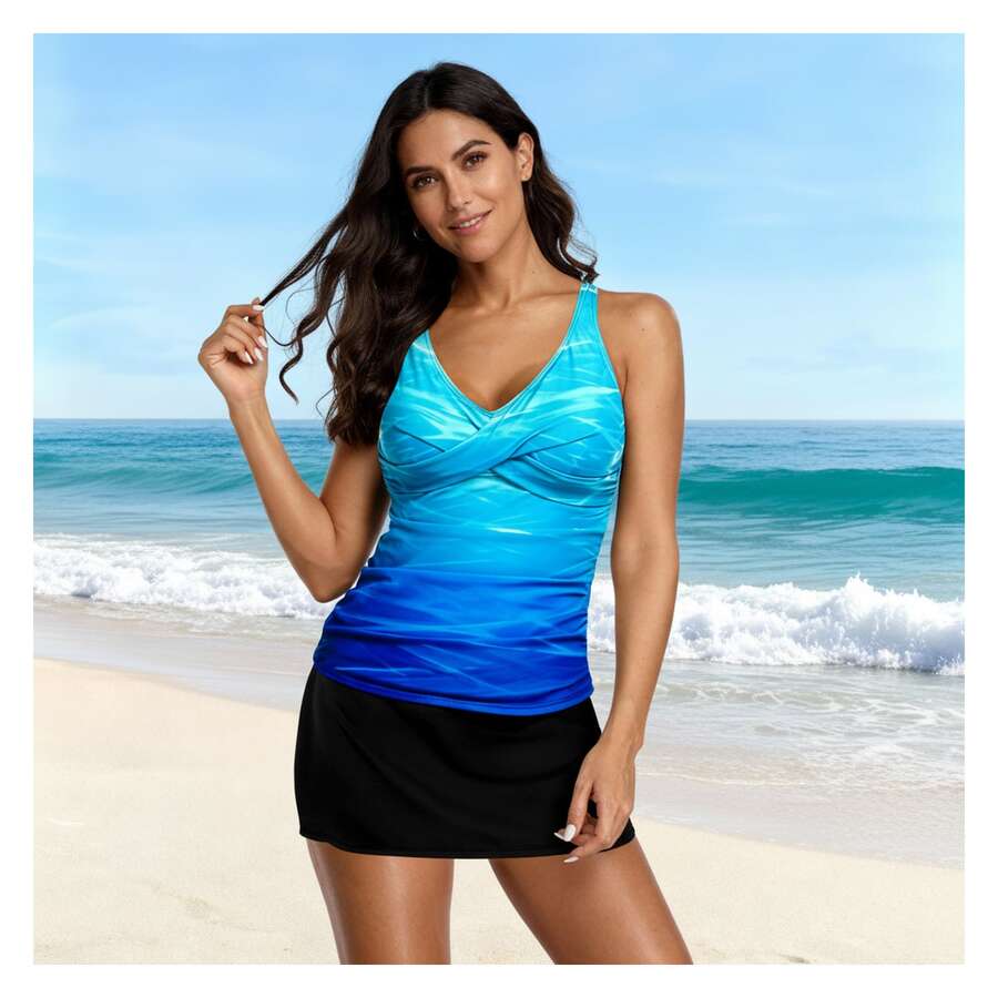 Women's Tankini Swimsuit Blue Ombre Ruched - Two Piece Bathing Suit With Skirt Bottom & Tummy Control - Modest Swimwear For Women Summer Beach Pool - Warna-warni 878 - View 1