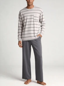 Snug League 2 件男士休闲宽松条纹圆领长袖套头衫和长裤睡衣套装，适合派对、居家、旅行、春季、秋季、冬季、秋季服装 - 淺灰色 - 查看 6