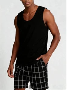 Snug League 2pcs Men's Solid Color Casual Loose Basic Round Neck Vest Top And Plaid Shorts Pajama Set, Suitable For Spring And Summer Loungewear - Black - View 3