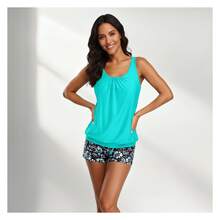Turquoise Tankini Swimsuit For Women With Boy Shorts - Floral Print Two Piece Bathing Suit, Tummy Control, Ruched Design, Adjustable Straps - Summer Beach Swimwear - 多色884 - 查看 1