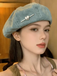 1pc Retro Denim Blue Heart-Shaped Beret Hat For Women, Metal Heart Decor Artist Cap, Versatile Spring/Autumn Hat, Adjustable Lining Fits Different Head Sizes School - Beret - View 2