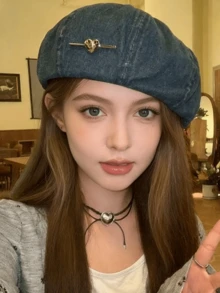 1pc Retro Denim Blue Heart-Shaped Beret Hat For Women, Metal Heart Decor Artist Cap, Versatile Spring/Autumn Hat, Adjustable Lining Fits Different Head Sizes School - Beret - View 6