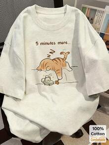 卡通标语图案落肩T恤，休闲夏季款 - 花灰色 - 查看 1