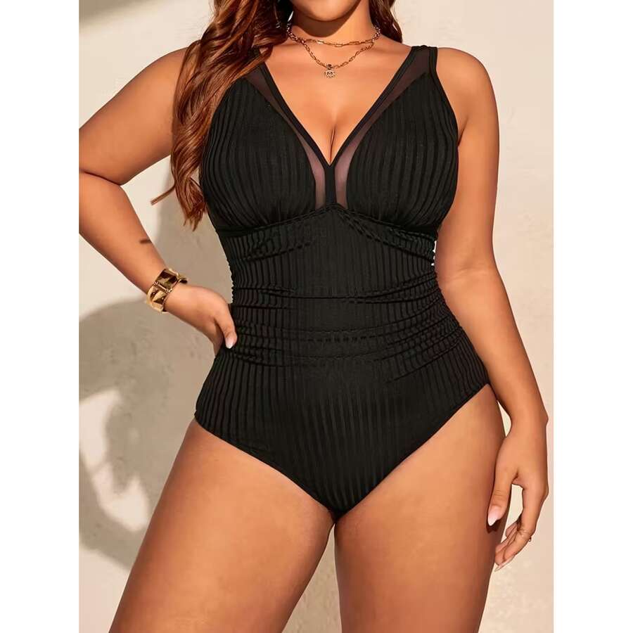Plus Size Swimsuit For Women - Tummy Control Ribbed V Neck Bathing Suit; Ruched One Piece Swimwear; Comfortable And Stylish Beachwear For Curvy Women - 多色1436 - 查看 1