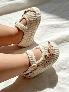 1 Pair Handmade Crochet Infant Shoes, Beige With Floral Embroidery, Mary Jane Style With Buckle Closure - Beige - View 7