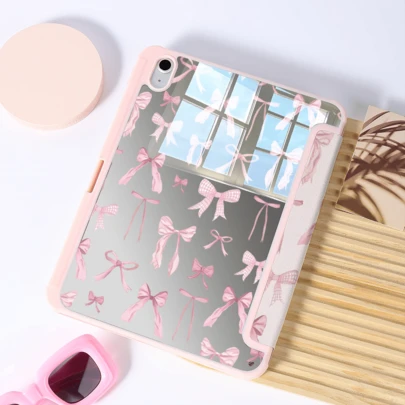 A Kawaii Pink Bow Pattern Mirror Tablet Case, Foldable Stand Protective Cover With Pen Slot Compatible With Pro 2024/Air M3/A16 2025,Ideal For Work, Travel, And Home Relaxation