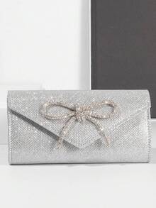 Mini Glamour Envelope Bag, Women's Shiny Rhinestone Bow Decor Evening Clutch, Party Handbag, Shiny Mini Purse, Perfect Bridal Gift, Suitable For Party, Wedding, Prom, Banquet - 銀色 - 查看 2