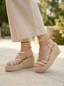 Women's Wedge Espadrille Sandal, Buckle Closure With Platform, - All Gold - View 3