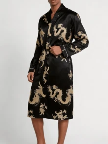 Snug League Men's Satin Long Sleeves And Golden Dragon Printed Sleepwear Robe, Suitable For All Seasons, For Fall, Winter - Black - View 5