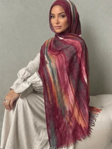 1 Stück Regenbogen gestreifter bedruckter Viskose Hijab, bohemian modisch, bequem und weich Damen Modal Schal, lässig und vielseitig Sonnenschutz Umhang, geeignet als Damen Accessoire für den täglichen Gebrauch und Festtage - Verschiedenfarbig - Übersicht 24