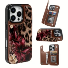 Leopard-Print Golden Lily Patterned Card Holder Leather Case Is Compatible With IPhone 17 Pro Max/Air/16/15/14/13/12/11.For Samsung S22/S23/S24/25. It's An Ideal Gift For Christmas, Valentine's Day, And New Year's, Perfect For Boyfriends, Girlfriends, And Family. - màu nâu - Xem 1