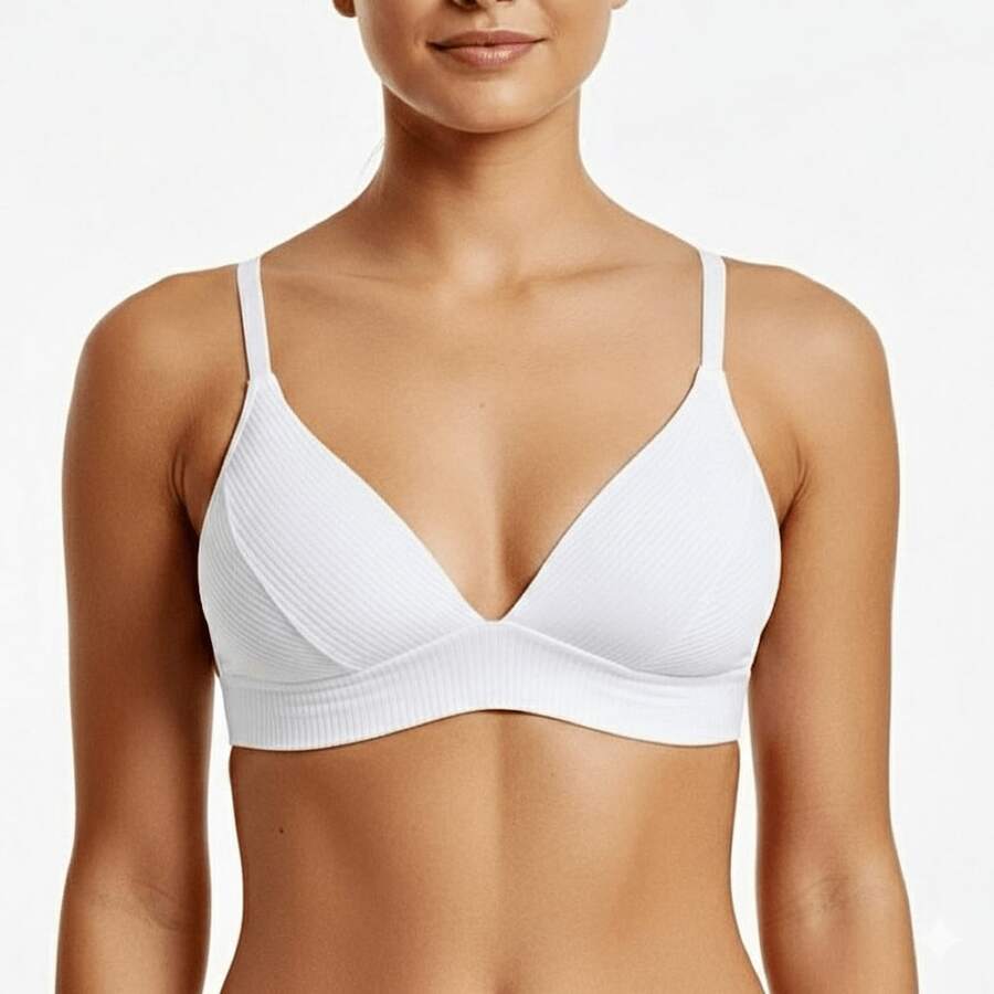 Kit Of 1 To 2 Ribbed Bras With Padded Cups, No Underwire, Thin Adjustable Straps, Comfortable And Wrinkle-Free - 1 件胸罩(白色) - 查看 1