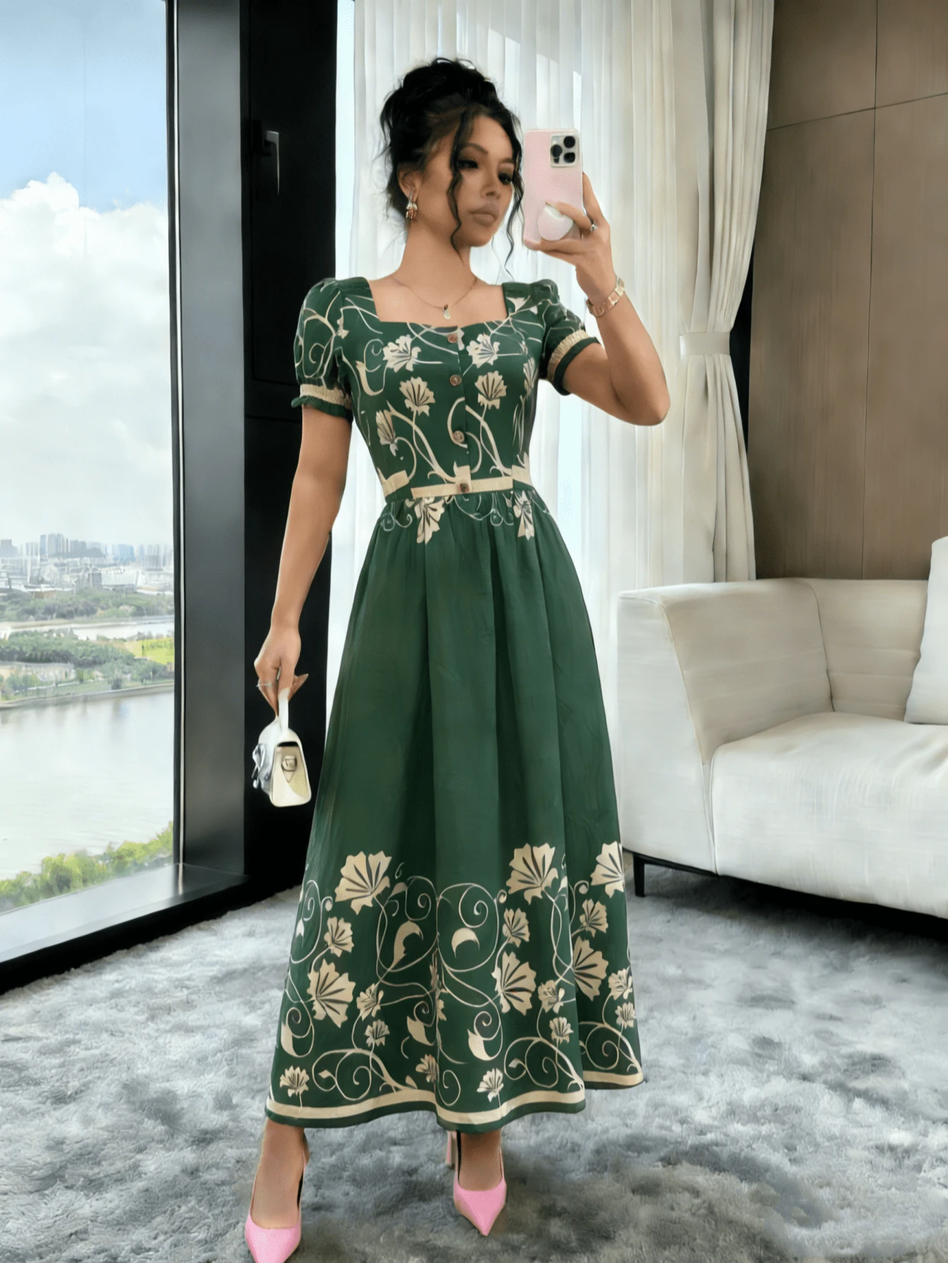 Women's Fitted Dress With Square Neckline, A-Line Print, Elegant For Vacation, Daily Commute, Short Sleeve, Sizes S M L - Green - View 1