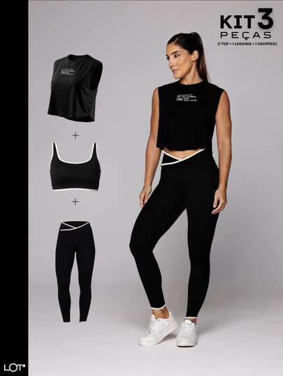 LOT FITNESS Kit 3 Peças Fitness Feminino Academia Top Alta Sustentação + Legging Kate Cós Cruzado + Cropped Viscolycra Estampado