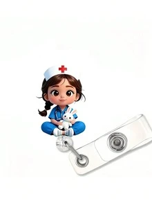 2D 平面亚克力护士女孩证件套 - 可伸缩徽章卷轴，标签适用于医学生和护理从业人员 - PMMA 材质工作场所身份识别徽章套 | 趣味设计 | 亚克力护士配件，返校季教师礼物 - 彩色 - 查看 2