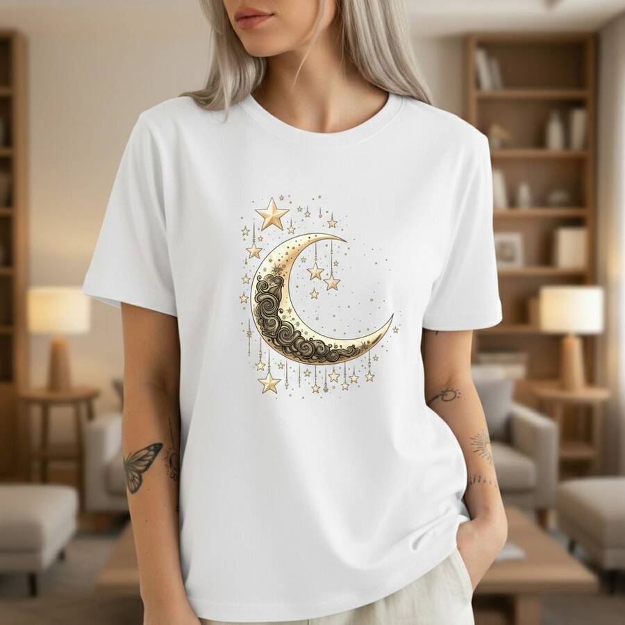 1PC Camiseta Unisex de Talla Grande para Mujer, de Algodón, con Estampado de Luna y Estrellas, Diseño Celestial Dorado, Top Casual Negro para Mujeres y Hombres, Camiseta Holgada y a la Moda. ¡! Camiseta estampada de manga corta, casual y elegante para mujer. - Blanco - Ver 1