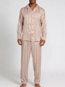 Snug League 男士缎面睡衣套装，长裤丝绸睡袍，纽扣式长袖条纹字母刺绣上衣和裤子，家居服，适合春秋季居家休闲穿着，秋冬季服装 - 香檳色 - 查看 4