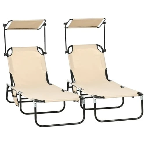 Set Of Two Folding Sun Loungers With Canopy, Five-Position Adjustable Backrest Height, Brown - A - View 1