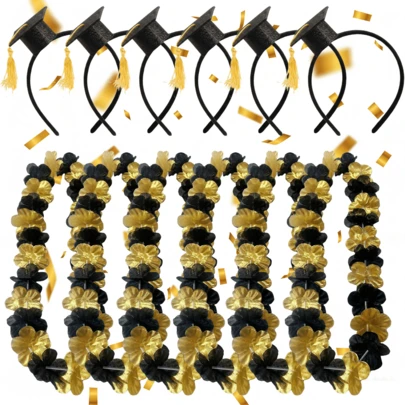 5/10/20pcs Graduation Cap Headband Leis Necklace Set Bachelor Cap Graduation Hat Headband Black Golden Flower Leis For Graduation Party Favors 2026 Graduation Party Decorations Holiday Festival Dress Up Party Photo Supplies