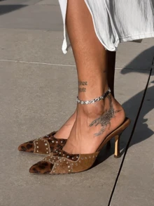 Women's Pointed Toe Mule Heels, Pointed Toe Sexy Heels, Studded Slip-On Stiletto Heels, Suedette Elegant Chic Dress Pumps For Party, Office N Daily Wear - 棕色 - 查看 1