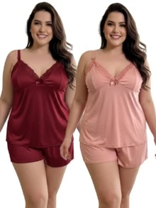Kit 2 Baby Doll Amamentação Plus Size Gestante Pós Parto Feminino Com Click Maternidade Lactante - Vinho - Visão 1