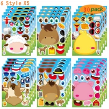 12/18/24/30张儿童趣味表情贴纸，6种不同的卡通农场动物图案，适合儿童生日派对，可用于手工制作、男孩派对礼物、农场动物贴纸 - 彩色 - 查看 13