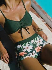 Floral Print Wrap-Style Swim Trunks, Suits For Various Occasions Bikini Swimwear 2 Pieces Set, For Summer Beach Vacation - Multicolor - View 2