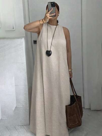 Vestido Regata Feminino Plus Size Primavera/Verão, Estilo Retrô Elegante Minimalista Casual, Adequado para Férias, Lazer e Uso Diário, Vestido Boêmio
