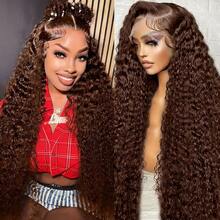 NARNI 36 Inch Chocolate Brown Lace Front Wigs Human Hair 250 Density 13x6 HD Deep Wave Lace Front Wigs Human Hair Glueless Colored Deep Curly Lace Frontal Wigs Wet And Wavy Water Wave Human Hair Wig 100% Virgin Brown Colored Wigs For Women - S4 - 查看 3