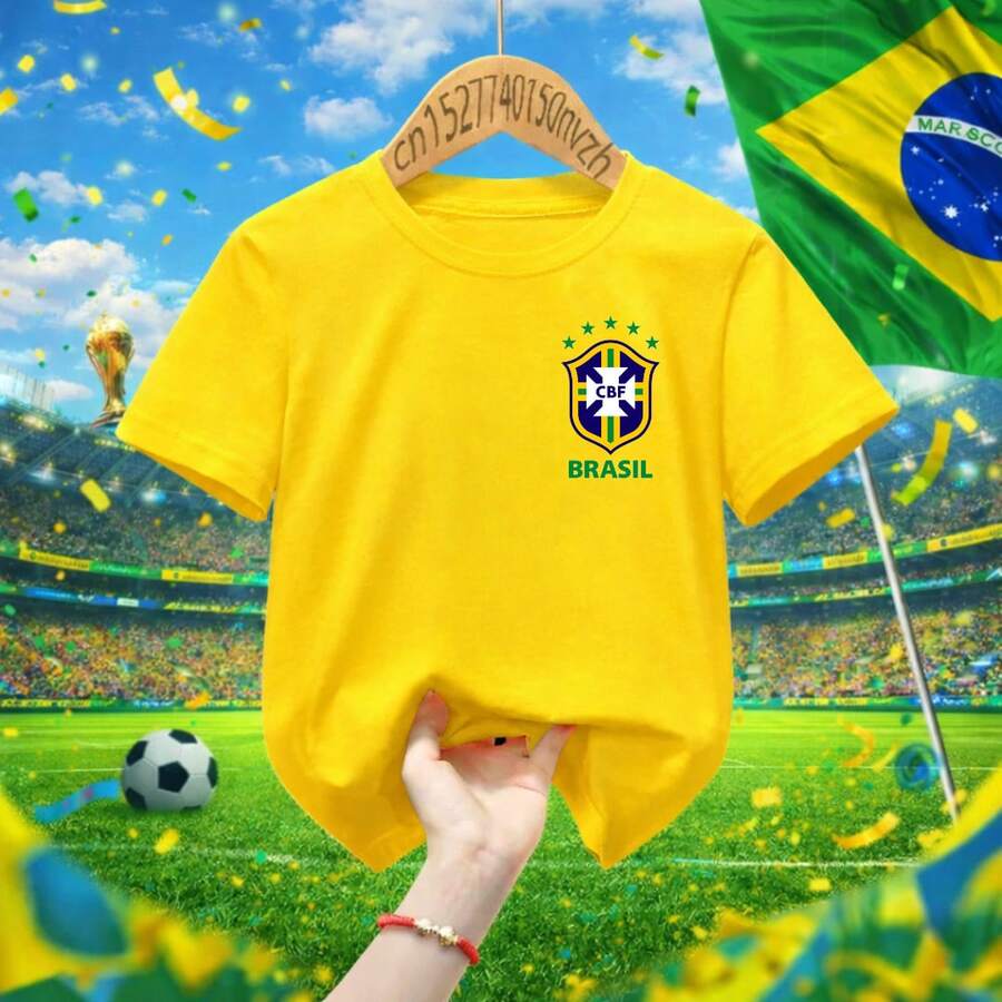 Brazil Kids Unisex T-Shirt, Brazilian National Team, World Cup 2026, 100% Cotton - 黃色 - 查看 1