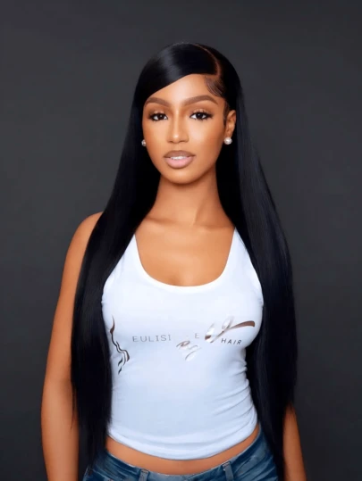 Eulisi 30英寸直发蕾丝前假发，60%真人发，13x4高清透明蕾丝前假发，真人发，预先拔毛，带婴儿发，自然黑色，短直波波头假发，8-14英寸