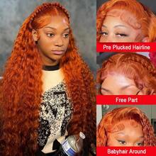 NARNI Ginger Lace Front Wigs Human Hair 13x6 HD Orange Ginger Deep Wave Wig Human Hair Pre Plucked 250% Density Wet And Wavy 350# Colored Glueless Curly Lace Frontal Wigs For Women - S350 - 查看 3