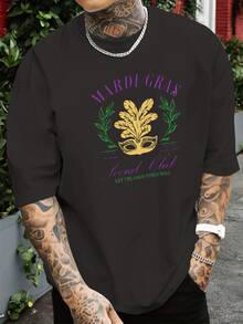 1 Piece Of Men's T-Shirt With A Gold Carnival Mask Print With Green Leaves And The Phrase Mardi Gras, Celebrating Joy And Freedom In A Festive Spirit, 100% Cotton - 白色 - 查看 6