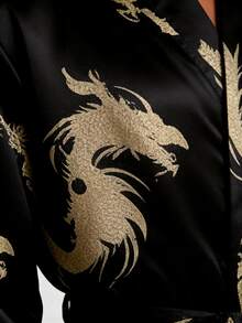 Snug League Men's Satin Long Sleeves And Golden Dragon Printed Sleepwear Robe, Suitable For All Seasons, For Fall, Winter - Black - View 8