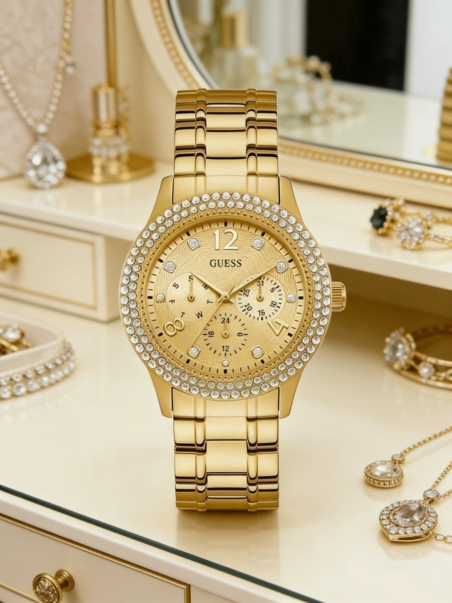 Guess Luxury Women's Champagne Gold Sparkling Diamond Bezel Fashion Crystal Embedded Analog Quartz Wrist Watch, Metal Strap, Elegant For Evening Party And Wedding - Rose Gold - View 1