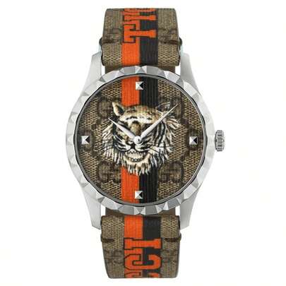 Gucci Women's Fashion Tiger Dial Watch - Casual Canvas Strap, Luxury Logo Design, Quartz Wristwatch Suitable For Daily Wear And Parties