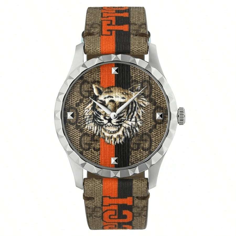 Gucci Women's Fashion Tiger Dial Watch - Casual Canvas Strap, Luxury Logo Design, Quartz Wristwatch Suitable For Daily Wear And Parties - Coffee Brown - View 1