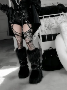 2025 New Women's Fashion Snow Knee High Boots Lace Up Round Toe Fluffy Fur Boots Punk Party Christmas Halloween Winter Comfortable Warm Outdoor Boots EdgyElongate - 黑色 - 查看 2