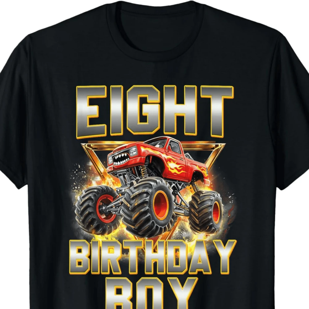 I'm Eight Year Old 8th Birthday Boy Monster Truck Are My Jam T-Shirt - Black - View 1