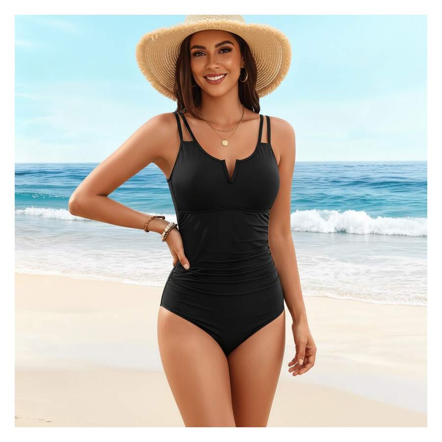 Women's V-Neck One Piece Swimsuit - Double Strap Slimming Bathing Suit, Tummy Control Swimwear For Women, Sexy Beach Swimsuit, UPF 50+Protection - 多色761 - 查看 1