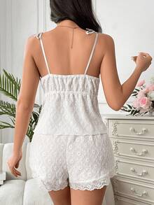 Delicate Seductive Sexy Spaghetti Strap White Lace Front Camisole And Shorts Pajama Set - White - View 5