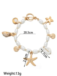 1pc Bohemian Beach Style Faux Pearl Beaded Alloy Starfish & Shell Pendant Bracelet, Suitable For Daily Commute And Vacation Wear - Multicolor - View 4