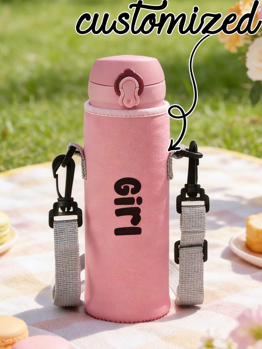 1pc Slanted Cup Cover, Crossbody, Hand-Held, Travel Essentials, Travel Customized Name Text Insulated Neoprene Water Bottle Carrier With Adjustable Shoulder Strap And Cup Cover Sleeve - Fits 12oz To 40oz Stainless Steel, Glass, And Plastic Bottles - K - Pink - View 1